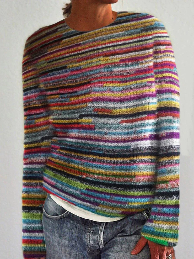 Damski sweter z dzianiny w kolorowe paski - żywy i przytulny wygląd na każdy dzień