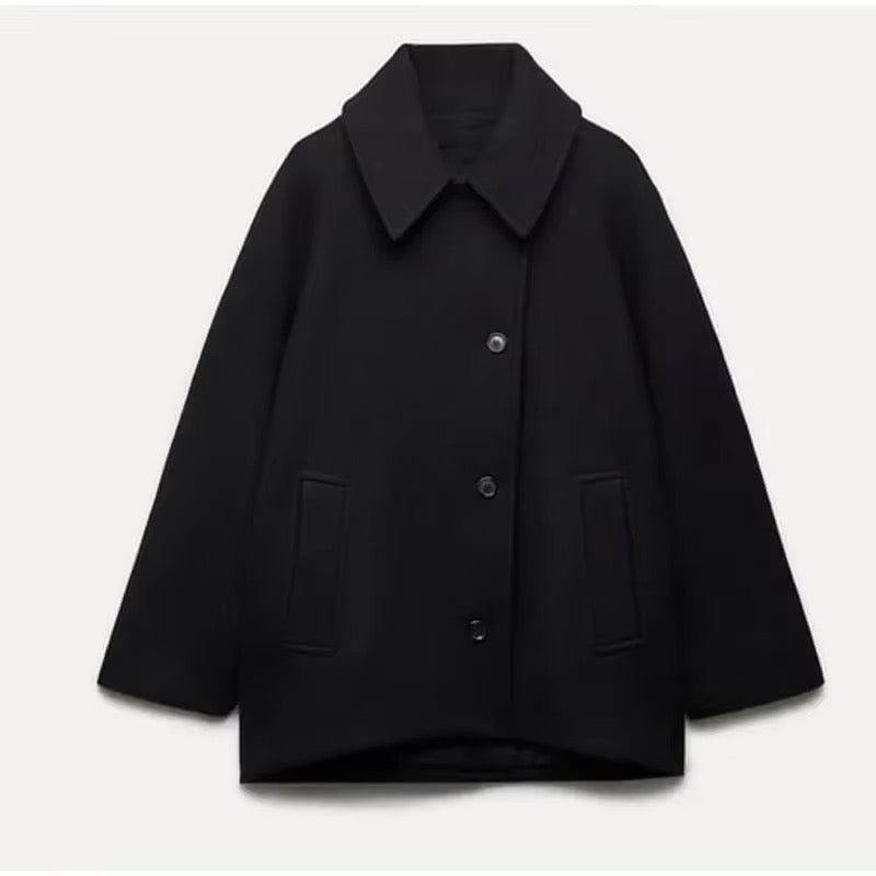 Wełniany płaszcz damski oversize z zapięciem na guziki - elegancki minimalistyczny płaszcz jesienno-zimowy