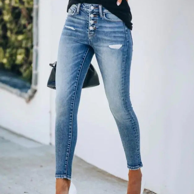 Jeansy rurki z wysokim stanem i rozporkiem na guziki dla kobiet 1