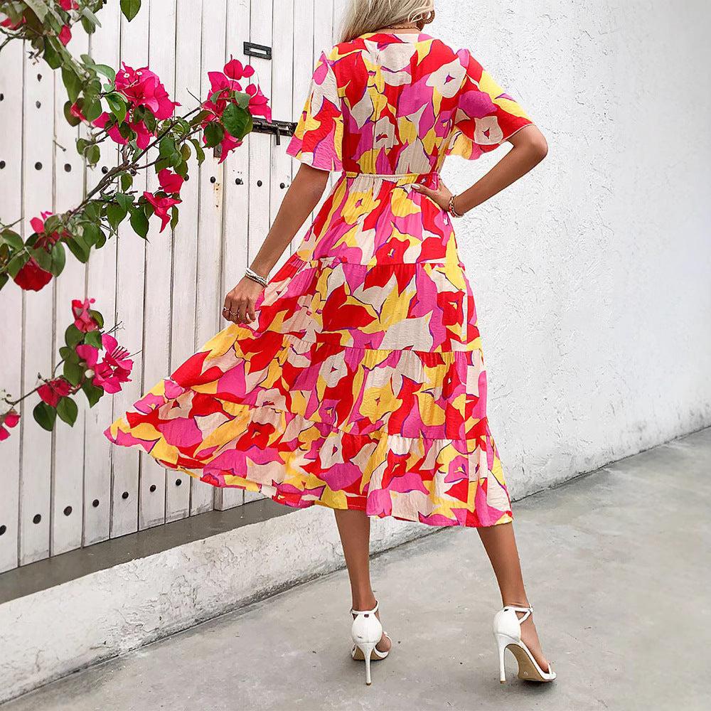 Kobieta Sukienka A-linia – Falbaniaste Rękawy, Warstwowa Spódnica