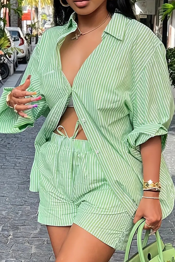 Męska Koszula w Paski i Szorty Zestaw Casualowy Idealny na Lato