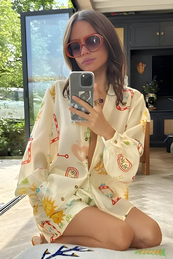 Męski Zestaw Koszuli z Długim Rękawem i Szortami, Elegancki, Luźny Krój