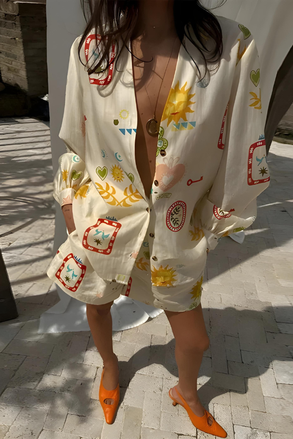 Męski Zestaw Koszuli z Długim Rękawem i Szortami, Elegancki, Luźny Krój