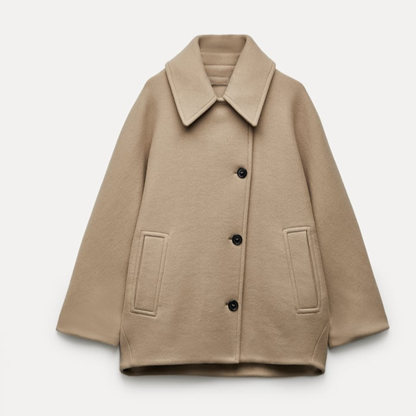 Wełniany płaszcz damski oversize z zapięciem na guziki - elegancki minimalistyczny płaszcz jesienno-zimowy