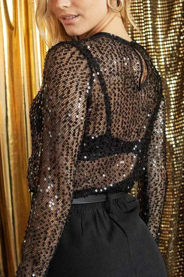 Bluzka damska – błyszczący krój typu shift z długim rękawem