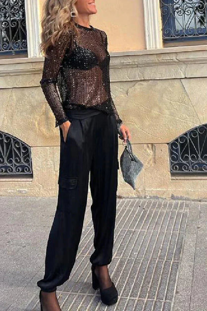 Bluzka damska – błyszczący krój typu shift z długim rękawem