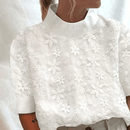 Bluzka damska z haftowanym stojakiem -Up kołnierz | Buda letnia moda damska