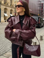 Burgundowa, oversize'owa kurtka damska 0