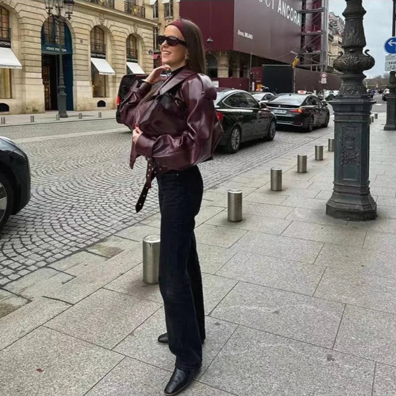 Burgundowa, oversize'owa kurtka damska 2