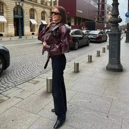 Burgundowa, oversize'owa kurtka damska 2