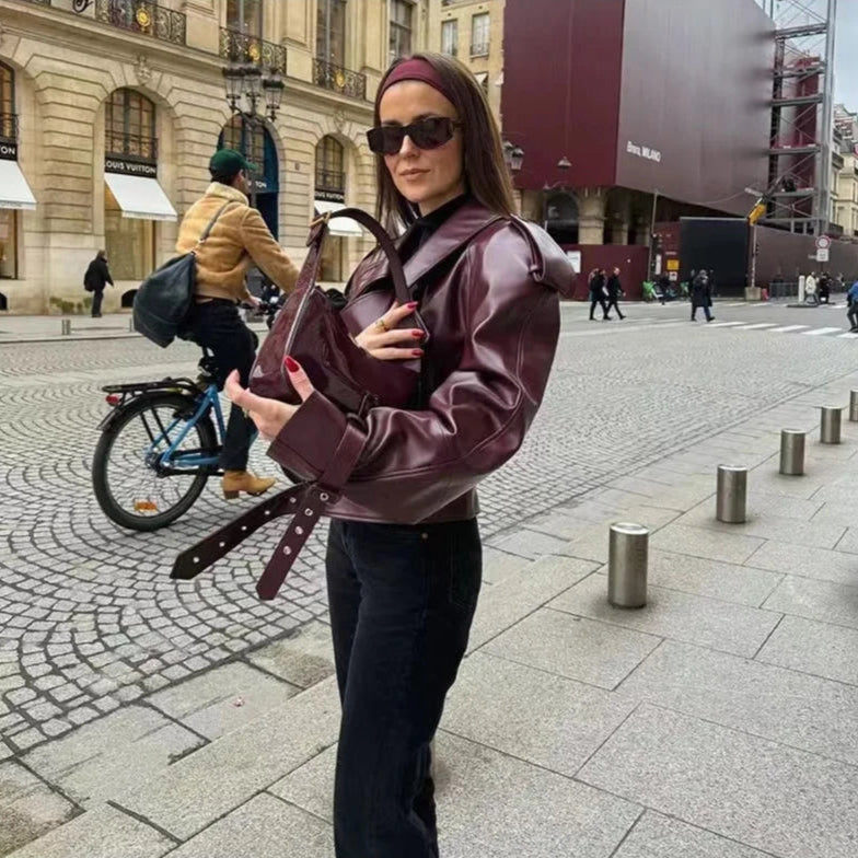 Burgundowa, oversize'owa kurtka damska 4