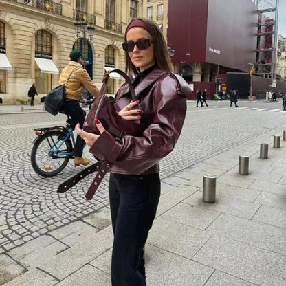 Burgundowa, oversize'owa kurtka damska 4