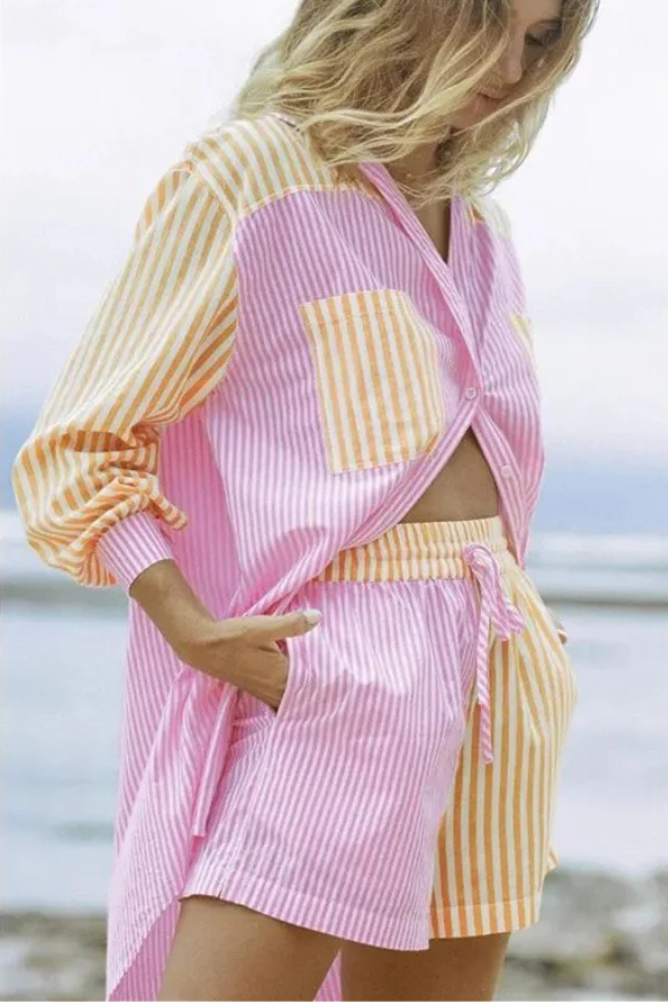 Damska Koszula w Paski i Szorty Zestaw Casualowy Lato