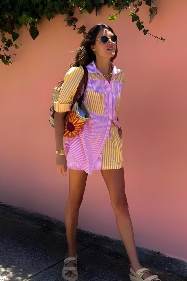 Damska Koszula w Paski i Szorty Zestaw Casualowy Lato