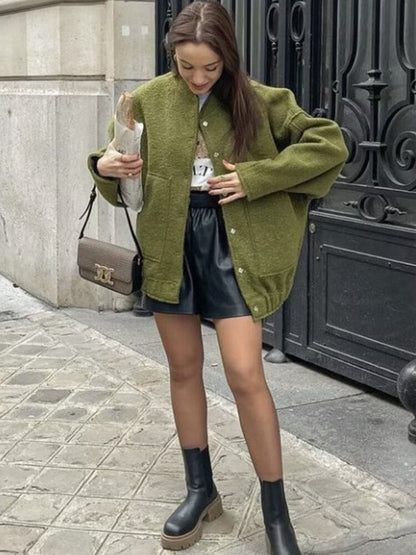 Damska oversizowa kurtka wełniana bez kołnierza - minimalistyczna kurtka przejściowa na jesień i zimę