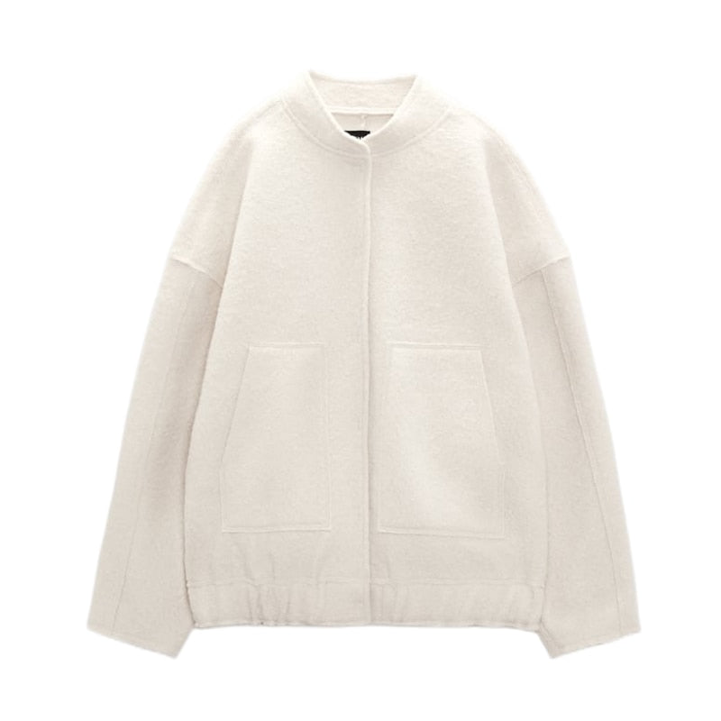 Damska oversizowa kurtka wełniana bez kołnierza - minimalistyczna kurtka przejściowa na jesień i zimę