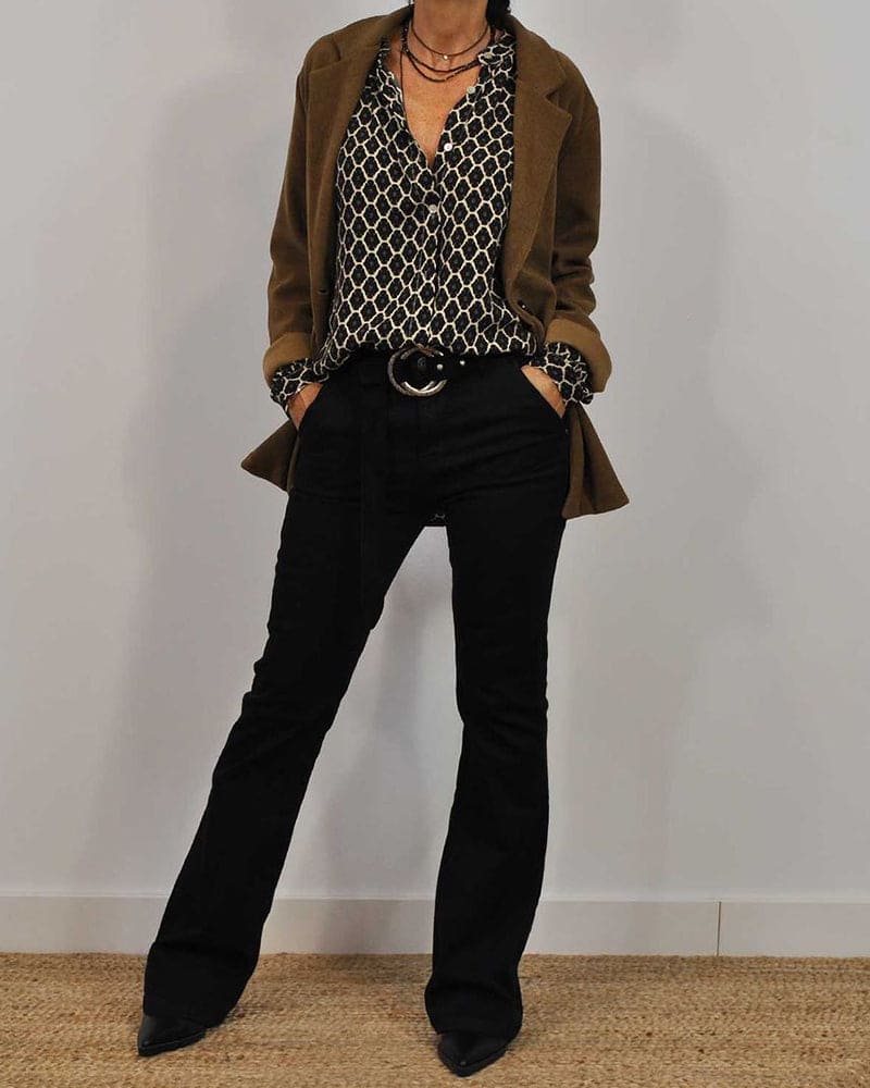 Damska wzorzysta bluzka z dekoltem V - koszula z długim rękawem o luźnym kroju