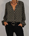 Damska wzorzysta bluzka z dekoltem V - koszula z długim rękawem o luźnym kroju