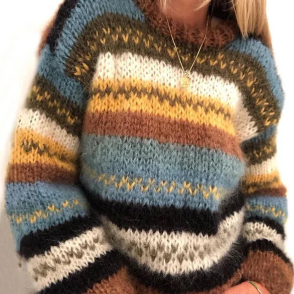 Damski sweter z dzianiny w paski - kolorowy i przytulny wygląd na jesień i zimę