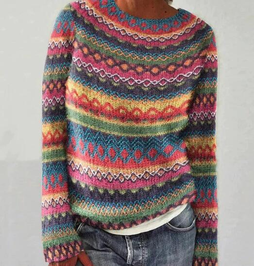 Damski wielokolorowy sweter boho - dzianinowy sweter z długim rękawem i okrągłym dekoltem