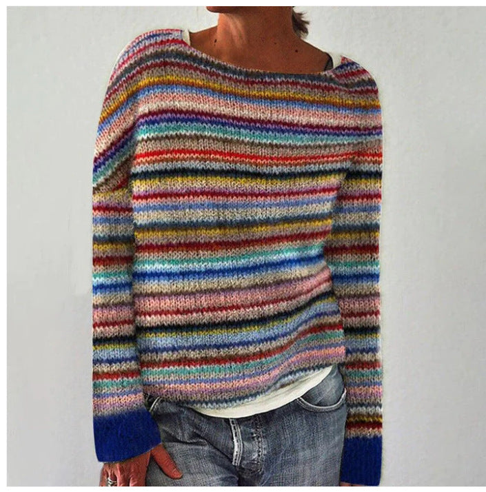 Damski wielokolorowy sweter boho - dzianinowy sweter z długim rękawem i okrągłym dekoltem 1
