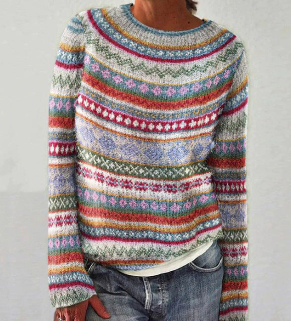 Damski wielokolorowy sweter boho - dzianinowy sweter z długim rękawem i okrągłym dekoltem 2
