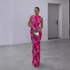 Długa sukienka w kwiaty dla kobiet – bez rękawów i z wysokim dekoltem 0