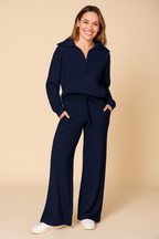 Dwuczęściowy komplet dresowy dla kobiet – zamek błyskawiczny do połowy i spodnie z szerokimi nogawkami 1