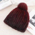 Dzianinowa czapka zimowa z futra norek dla kobiet - gruba czapka z bąbelkami z futra lisa 0