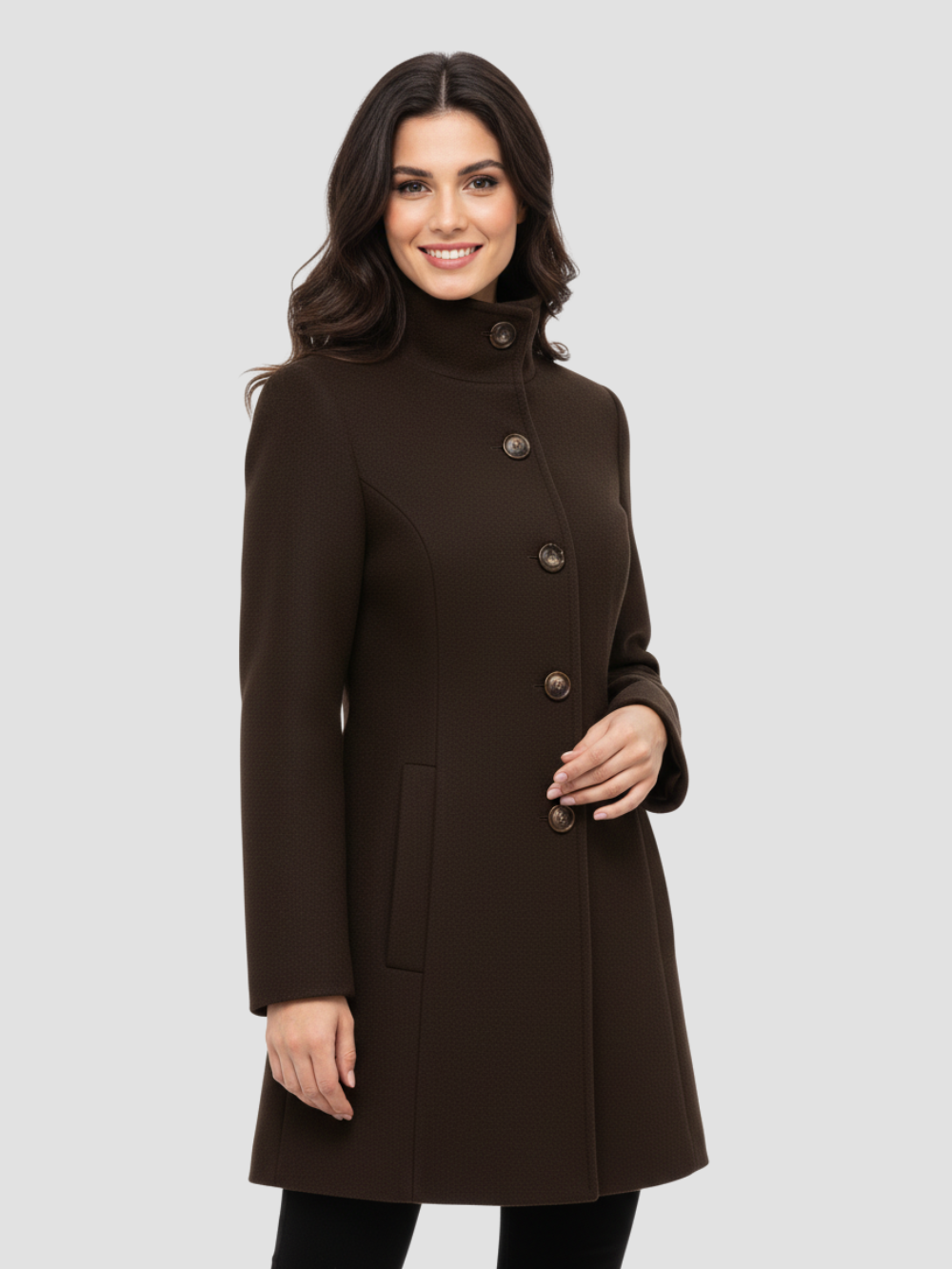 EULENA | DAMSKI PŁASZCZ Z WYSOKIM KOŁNIERZEM – CZYSTA ELEGANCJA I LEKKI PŁASZCZ 13