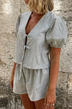 Elegancka Bluzka Damska z Puff Mami i Szortami Talia, Lekki Materiał, Casualowy Styl