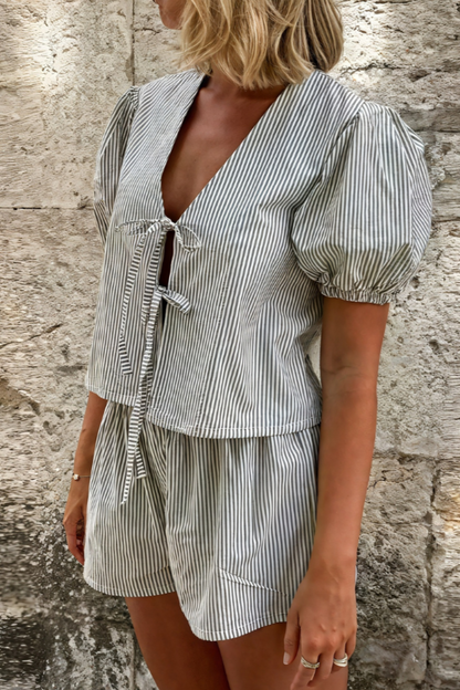 Elegancka Bluzka Damska z Puff Mami i Szortami Talia, Lekki Materiał, Casualowy Styl