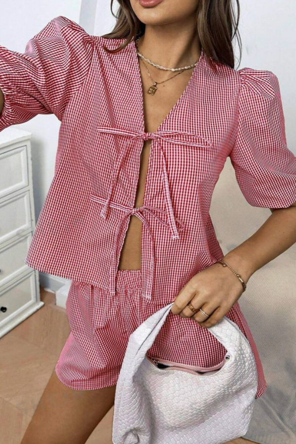 Elegancka Bluzka Damska z Puff Mami i Szortami Talia, Lekki Materiał, Casualowy Styl