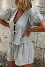 Elegancka Bluzka Damska z Puff Mami i Szortami Talia, Lekki Materiał, Casualowy Styl