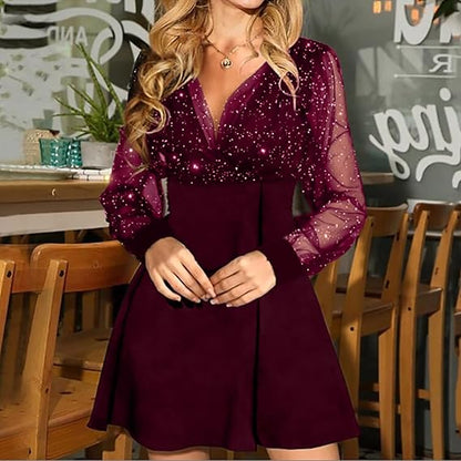 Elegancka sukienka na przyjęcie z błyszczącymi rękawami i dekoltem w kształcie litery V – Stylowa i Świąteczna