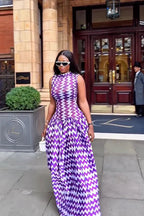 Fioletowa sukienka maxi z nadrukiem w zygzak 1