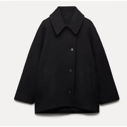 Wełniany płaszcz damski oversize z zapięciem na guziki - elegancki minimalistyczny płaszcz jesienno-zimowy