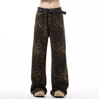 Jeansy damskie z szerokimi nogawkami i nadrukiem w panterkę – wysoki stan i zapięcie na guziki 0