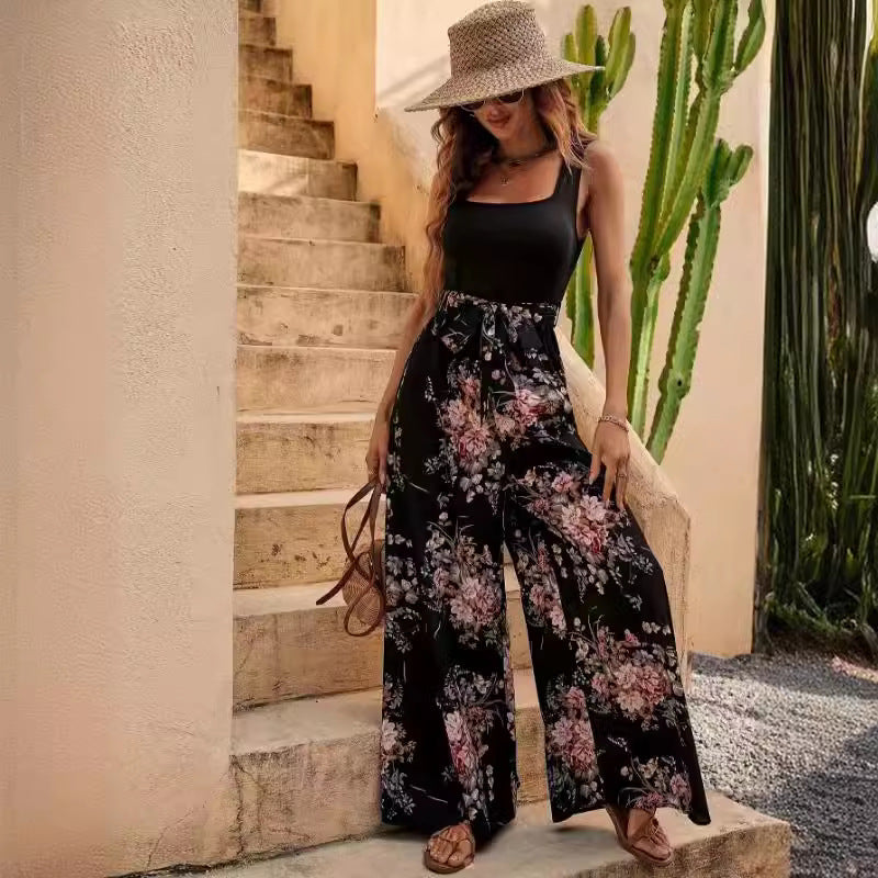 Jumpsuit damski – bez rękawów z kwiatowym wzorem
