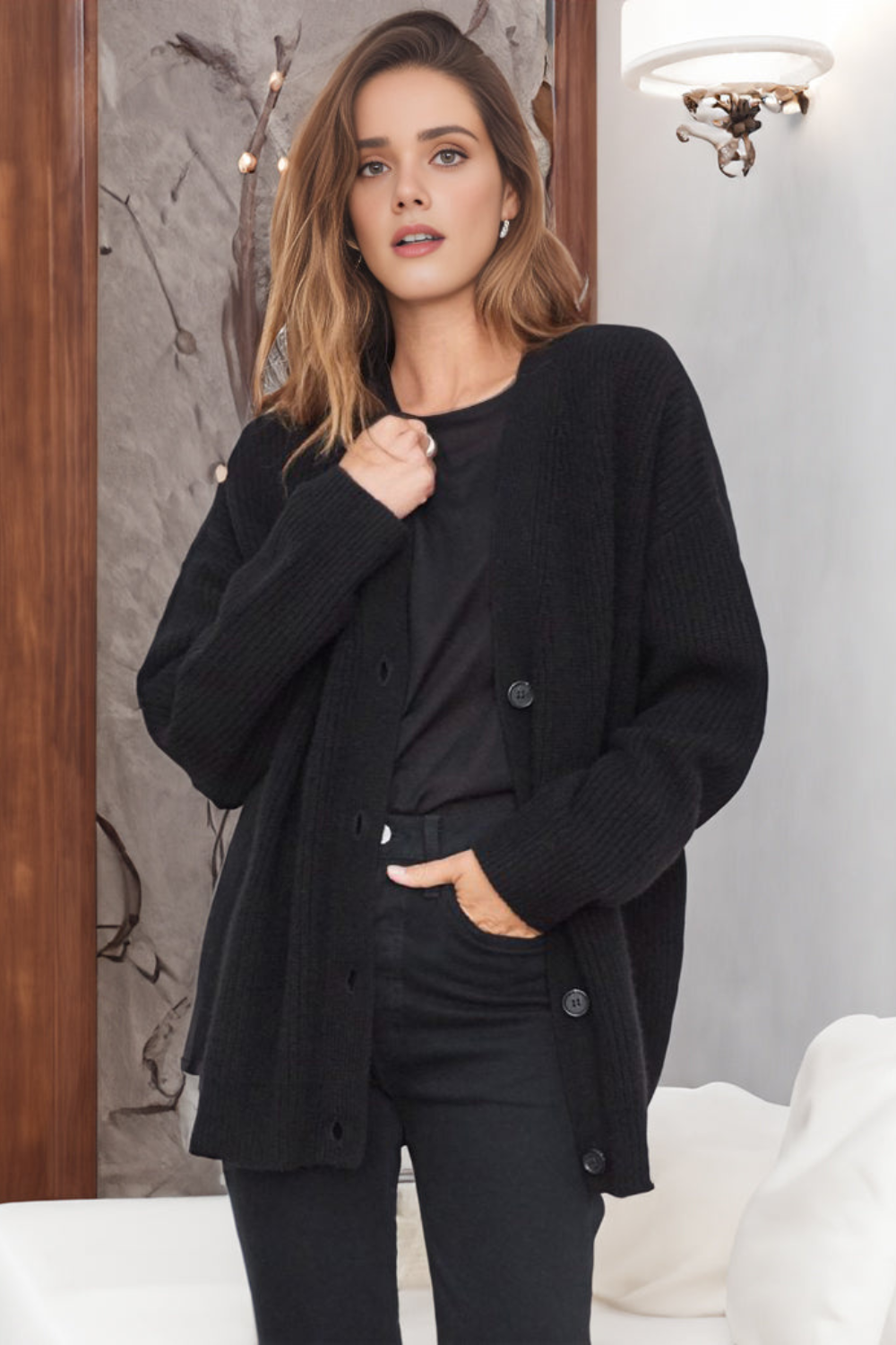 Kardigan z prążkowanej dzianiny zapinany na guziki dla kobiet 4