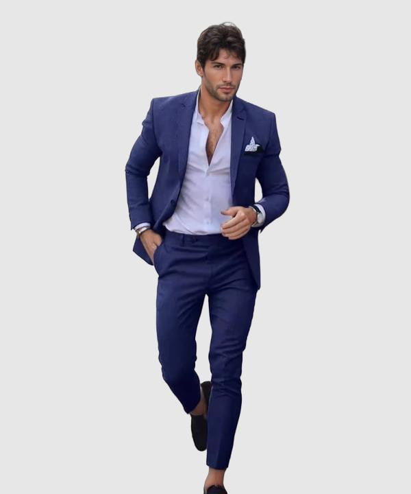 Klasyczny męski garnitur slim fit z marynarką i spodniami – idealny na formalne okazje