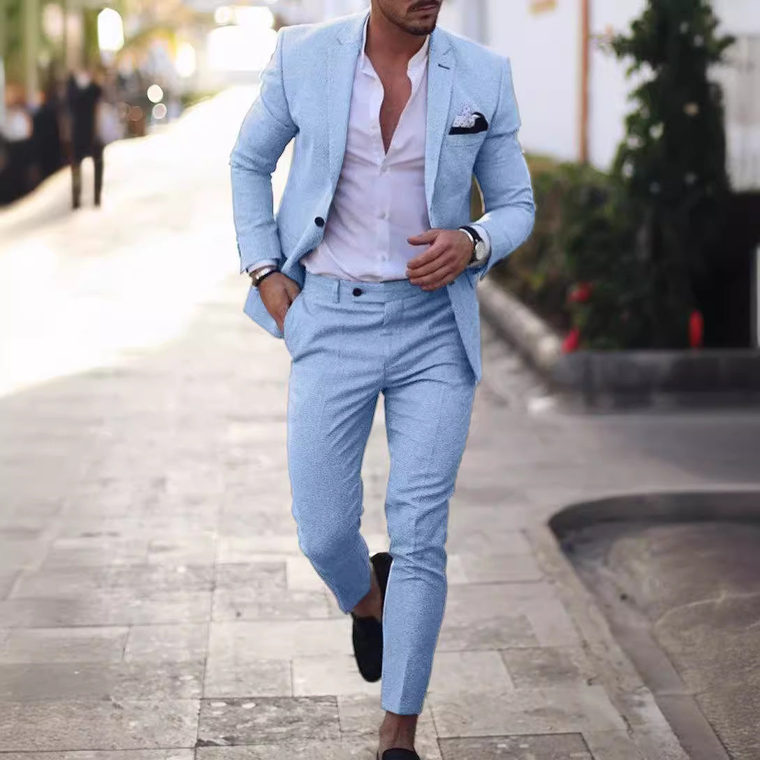 Klasyczny męski garnitur slim fit z marynarką i spodniami – idealny na formalne okazje