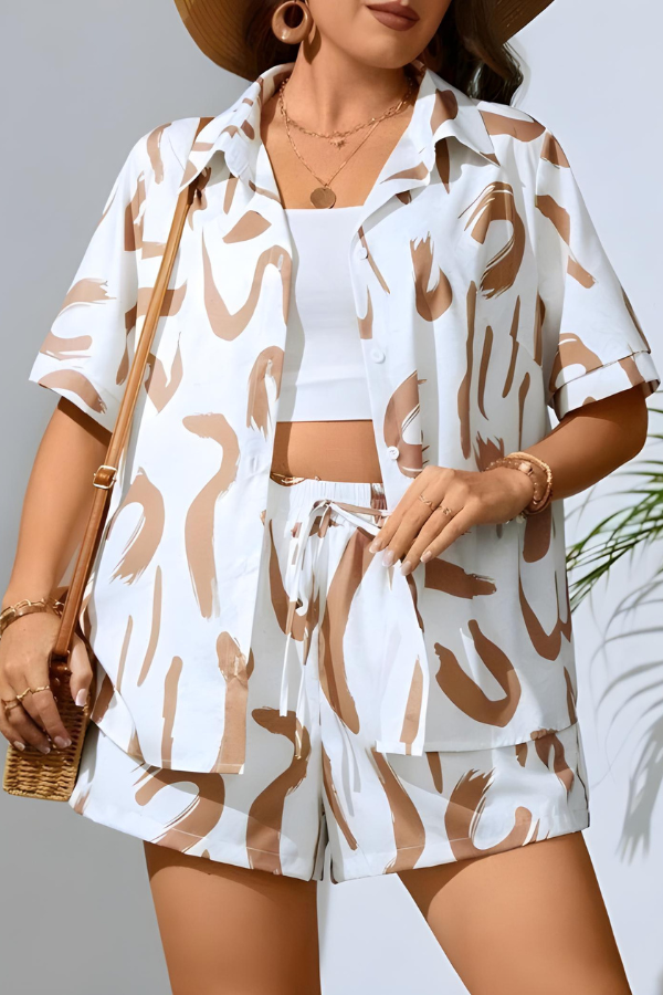 Kobieta Koszulka Krótki Rękaw i Szorty w Abstrakcyjny Wzór, Luźny Krój, Lekka Tkanina, Idealna na Lato