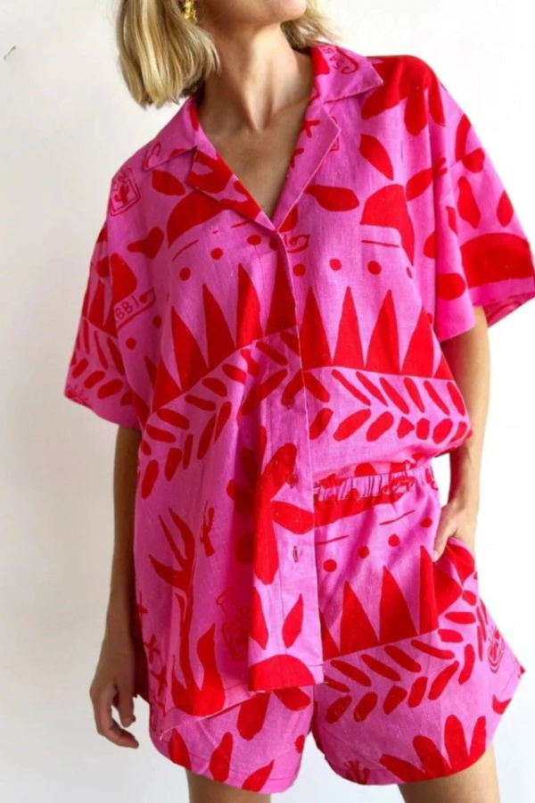 Kobieta Oversize Koszulka i Szorty z Abstrakcyjnym Nadrukiem, Lekka Tkanina, Luźny Fason