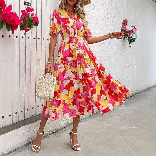 Kobieta Sukienka A-linia – Falbaniaste Rękawy, Warstwowa Spódnica