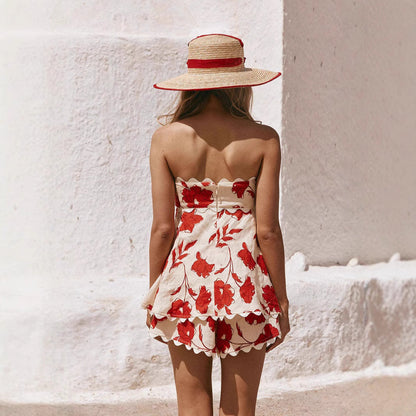 Kobieta Zestaw Casual – Top i Szorty z Koronkowym Wykończeniem