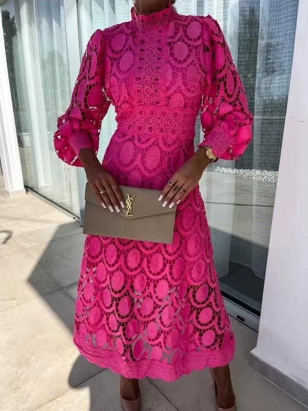 Koronkowa sukienka midi dla kobiet – geometryczna koronkowa nakładka i bufiaste rękawy 6