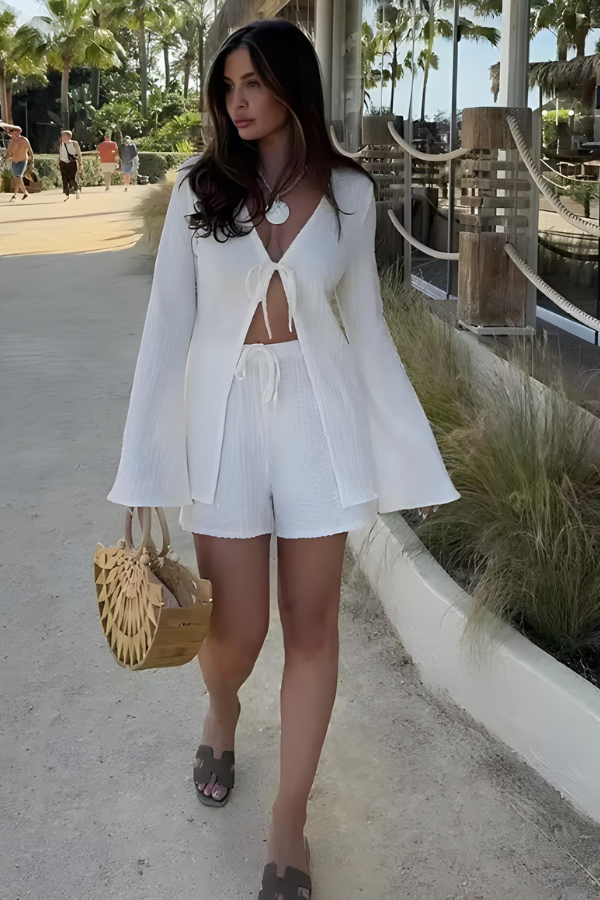 Koszula z Rozkloszowanymi Rękawami i Szorty dla Kobiet, Luźna, Oddychająca Tkanina, Stylowy Zestaw na Lato