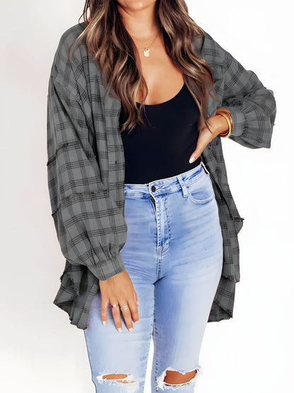 Koszula w kratkę oversize dla kobiet – szczotkowana faktura i postrzępiony dół 3