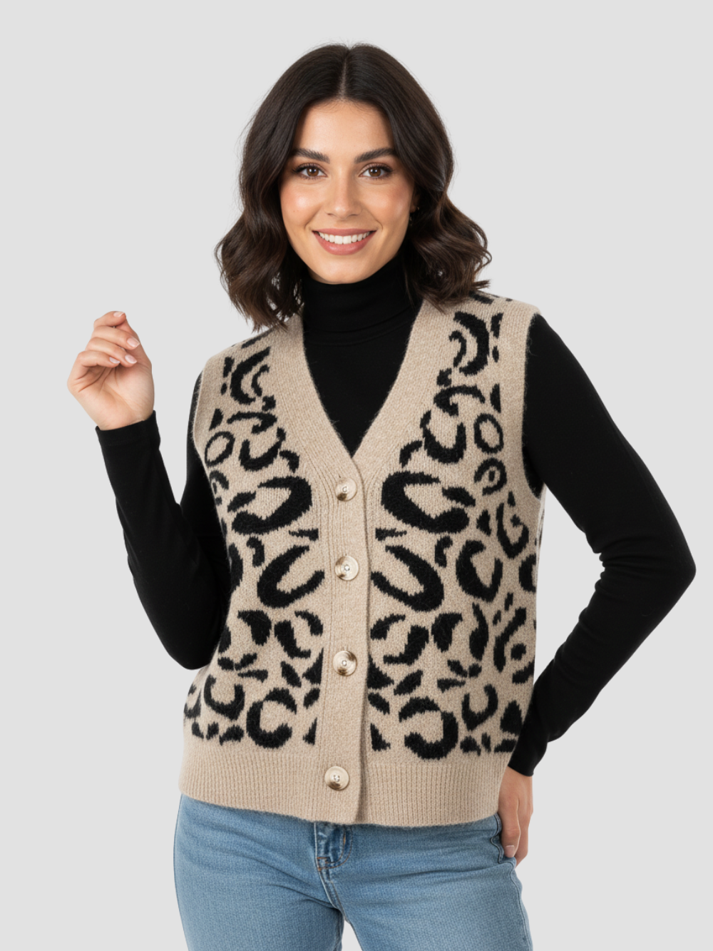 LIONNELLE | DAMSKA DZIANINOWA KAMIZELKA Z GUZIKAMI – DZIKI NADRUEK I PONADCZASOWA MIĘKKOŚĆ 0